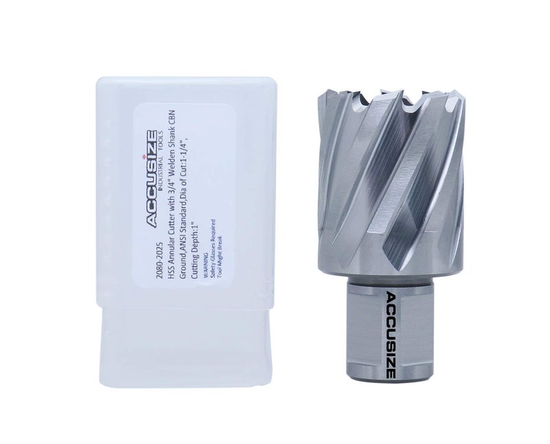 Accusize Industrial Tools H.S.S. Annular Cutter, 1-1/4" Dia, 1" Cutting Depth, 3/4" Weldon Shank, ANSI Standard, 2080-2025 - Image 1